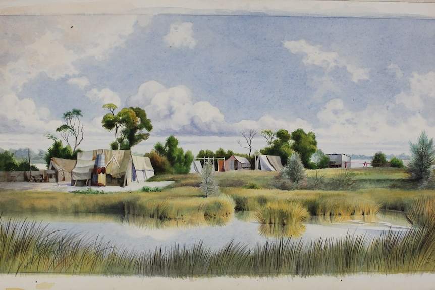 Watercolour painting of a low, swampy riverbank and island with a handful of tents and other structures.