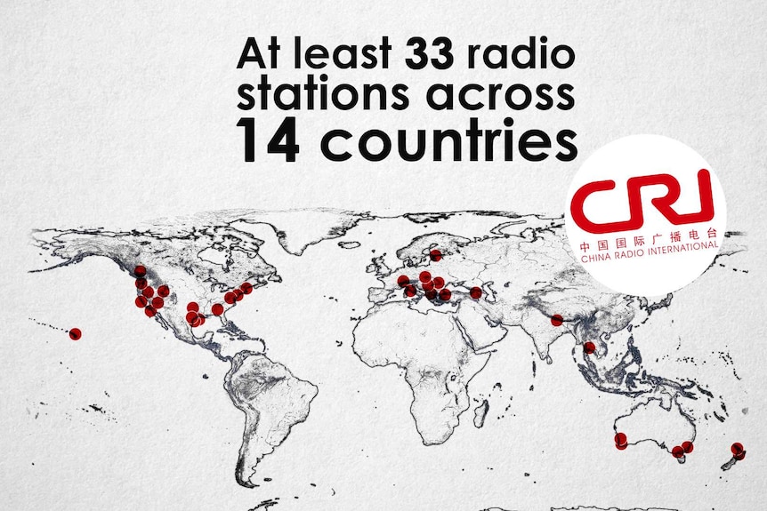 A map of the world showing where 33 radio stations in 14 countries that obscures its majority shareholder CRI.