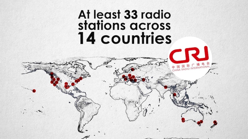 A map of the world showing where 33 radio stations in 14 countries that obscures its majority shareholder CRI.