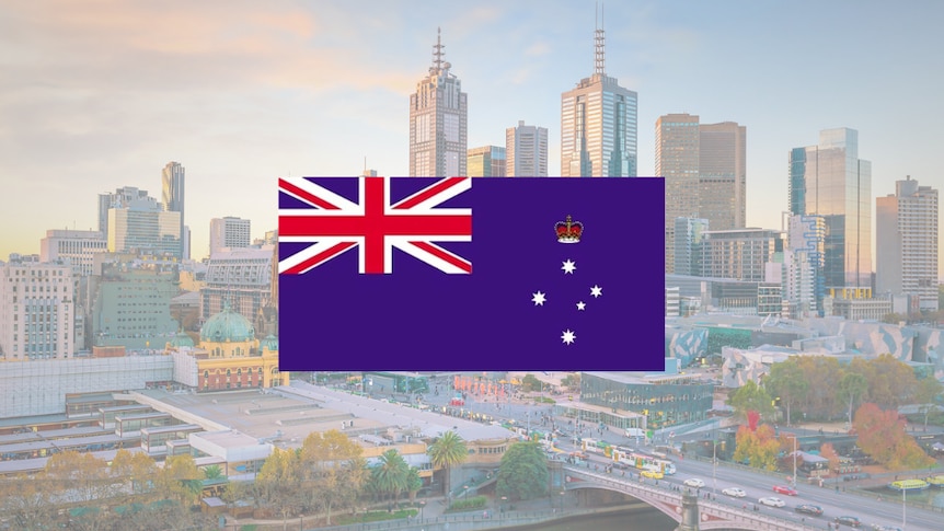The Victorian flag is superimposed onto a picture of Melbourne's Yarra River. 