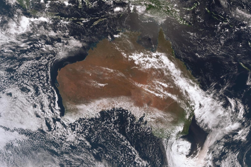 A satellite image of Australia with cloud over the bite, Victoria and much of Queensland