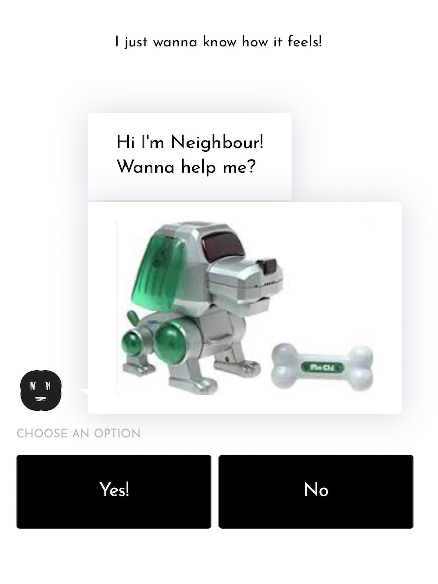 An image of a chatbot saying "Hi I'm Neighbour! Wanna help me?" with a picture of a robot dog and an option 'yes' or 'no'