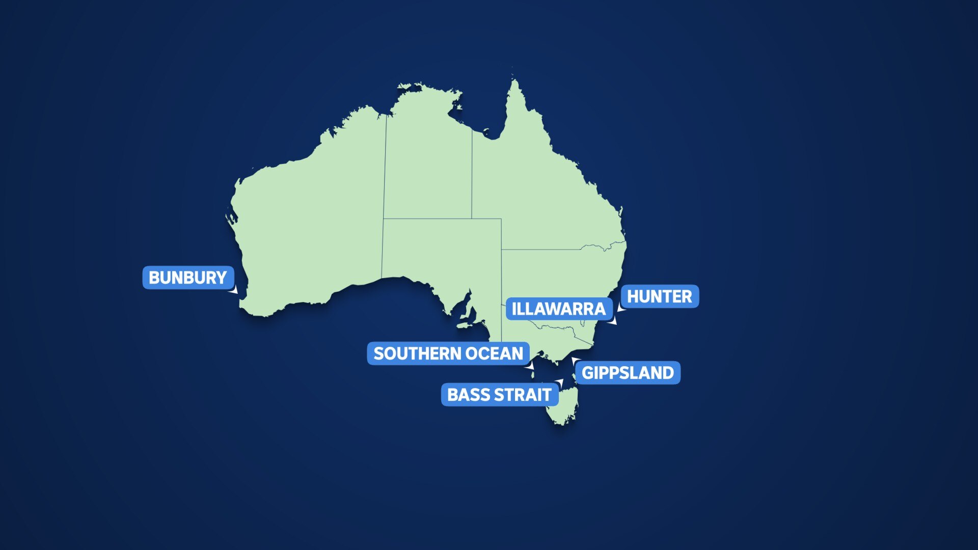 Un mapa de Australia que destaca a Bunbury, el Océano Sur, Illawarra, Hunter, Gippsland y Bass.