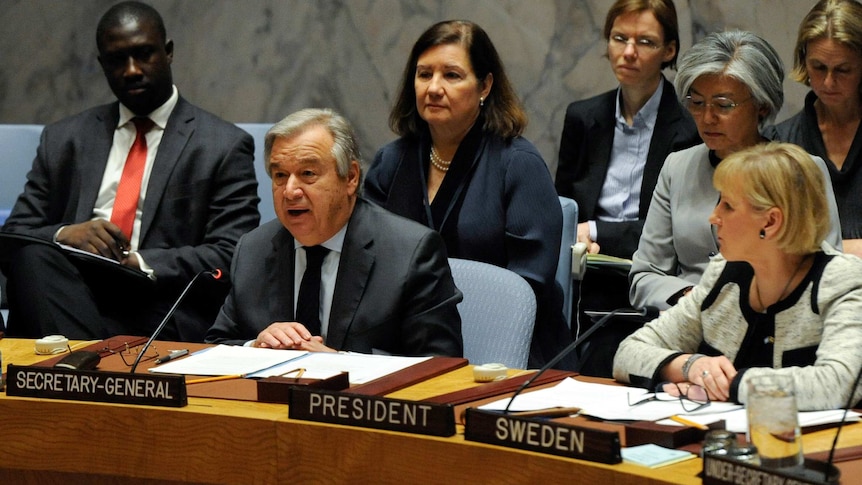 UN secretary-general Antonio Guterres delivers remarks during the Security Council meeting