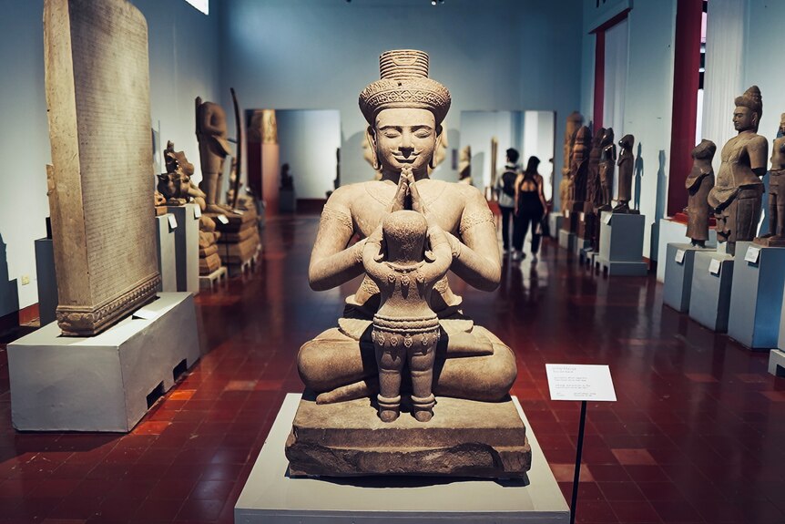 A statue in a Cambodian gallery.