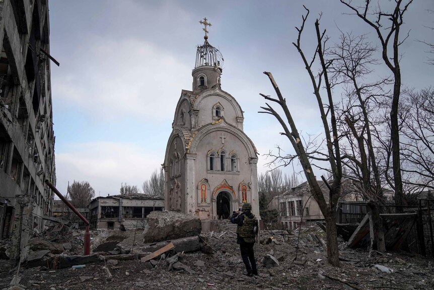 A damaged church after shelling