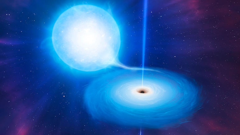 Artist's impression of an X-ray binary star system, comprising a compact star in orbit around a larger companion (here, a blue g