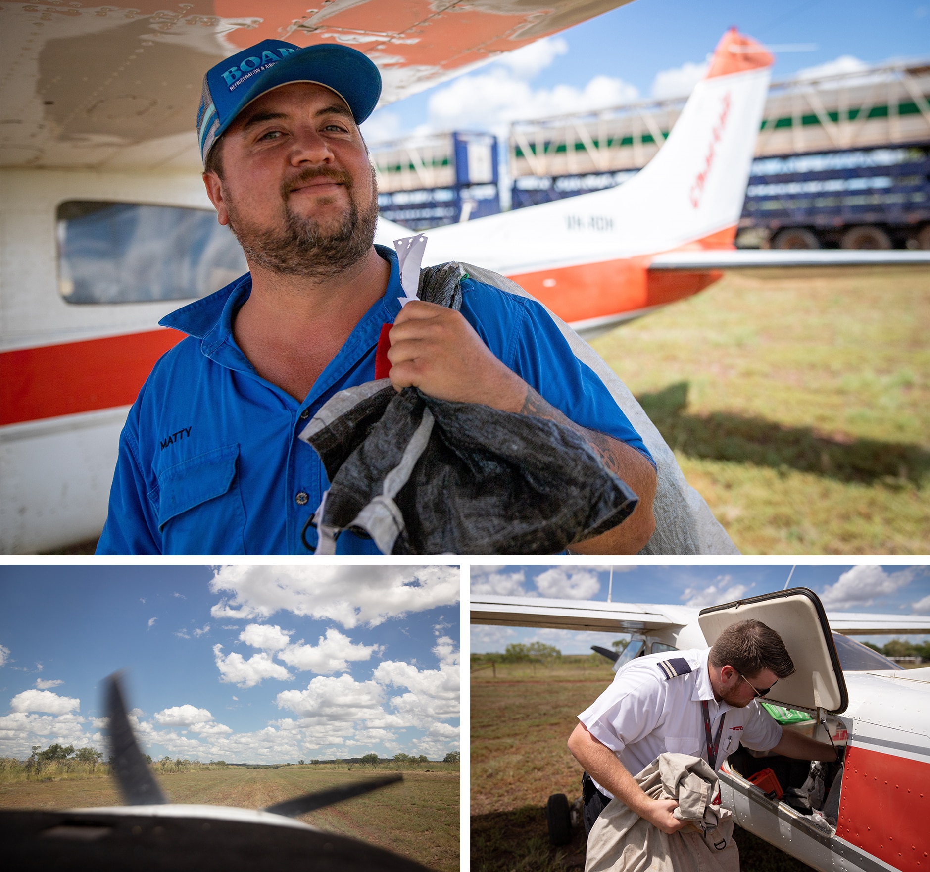 A grid with three photos shows Waterloo Station cook Matiu with a bag of mail over his shoulder and pilot unloading mail.