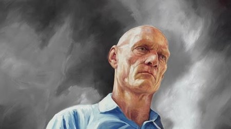 A painting of Midnight Oil frontman Peter Garrett, looking serious and wearing a blue shirt.
