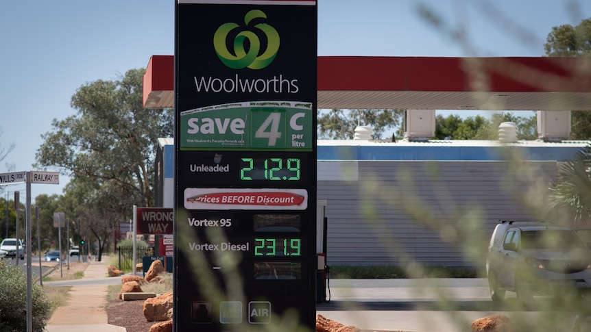 A sign advertising fuel prices at a petrol station in the Darwin CBD. 