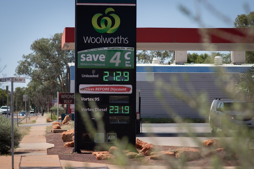 A sign advertising fuel prices at a petrol station in the Darwin CBD. 