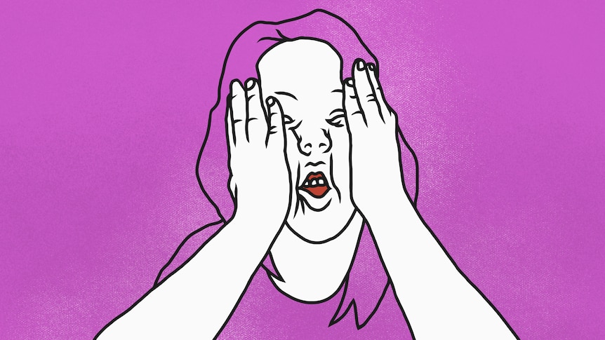 A cartoon drawing of a tired, frustrated woman with her head in her hands