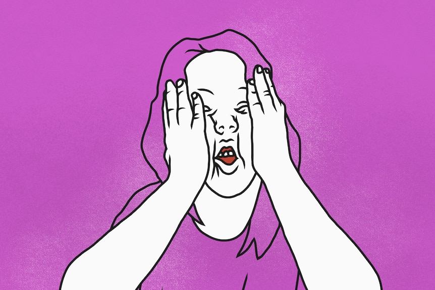 A cartoon drawing of a tired, frustrated woman with her head in her hands