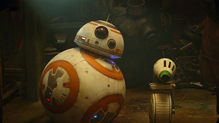 An animated spherical droid and smaller droid with cone head and single wheel body stands near pile of mechanical parts.