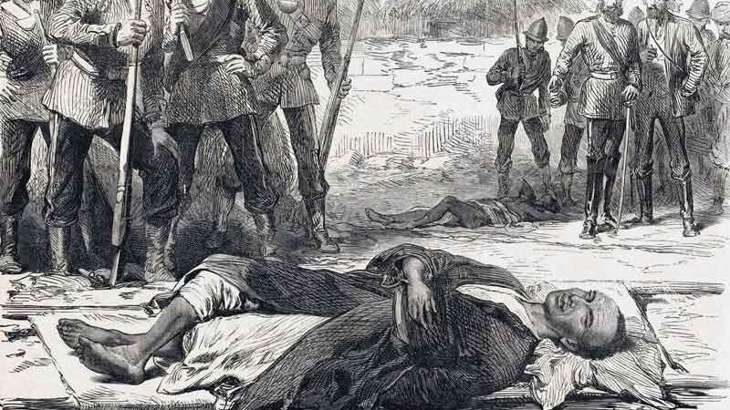 A black and white historical sketch of the dead king surrounded by British soldiers 