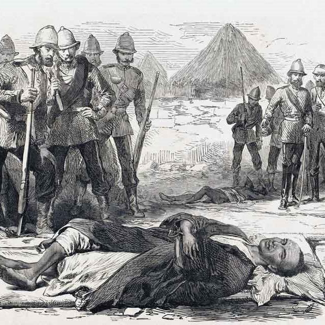 A black and white historical sketch of the dead king surrounded by British soldiers 