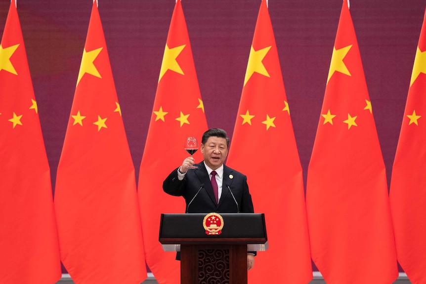 Xi Jinping stands in front of nine large Chinese flags as he toasts a glass of red wine standing behind an official lectern.