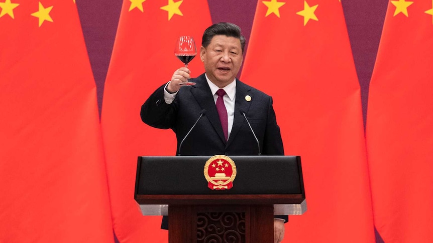 Xi Jinping stands in front of nine large Chinese flags as he toasts a glass of red wine standing behind an official lectern.