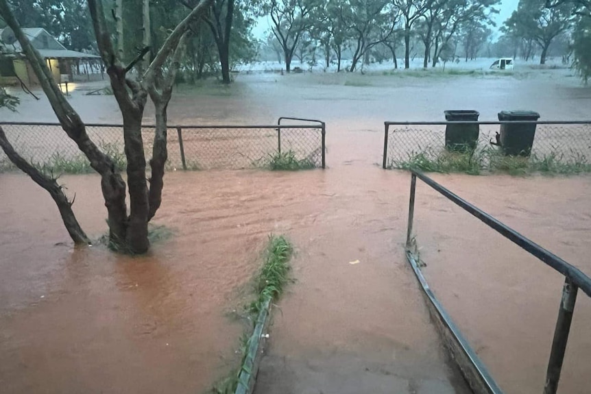 floodwaters fill a front yard and bush area in an Indigenous community