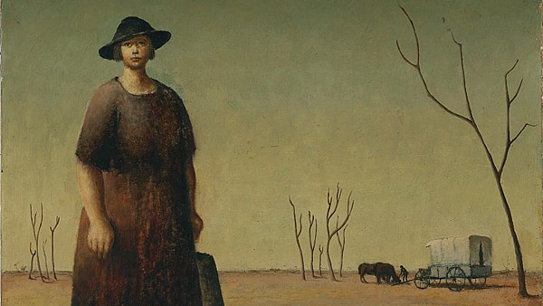 Painting by Russell Drysdale showing a woman in a large brown dress looking into the distance in an barren landscape.