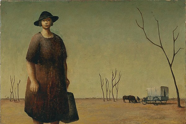 Painting of a woman in front of a horse and cart in the dry dirt.