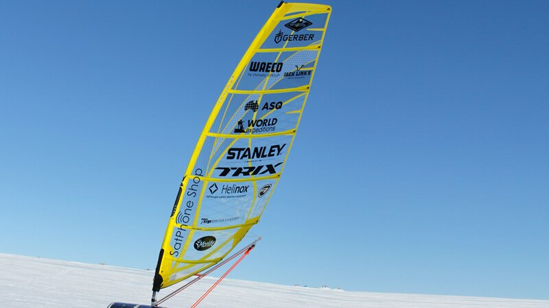 The snow sailer built by Charles Werb in Brisbane on the ice in Antarctica.