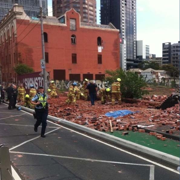 The scene of a fatal wall collapse on Swanston Street, Melbourne