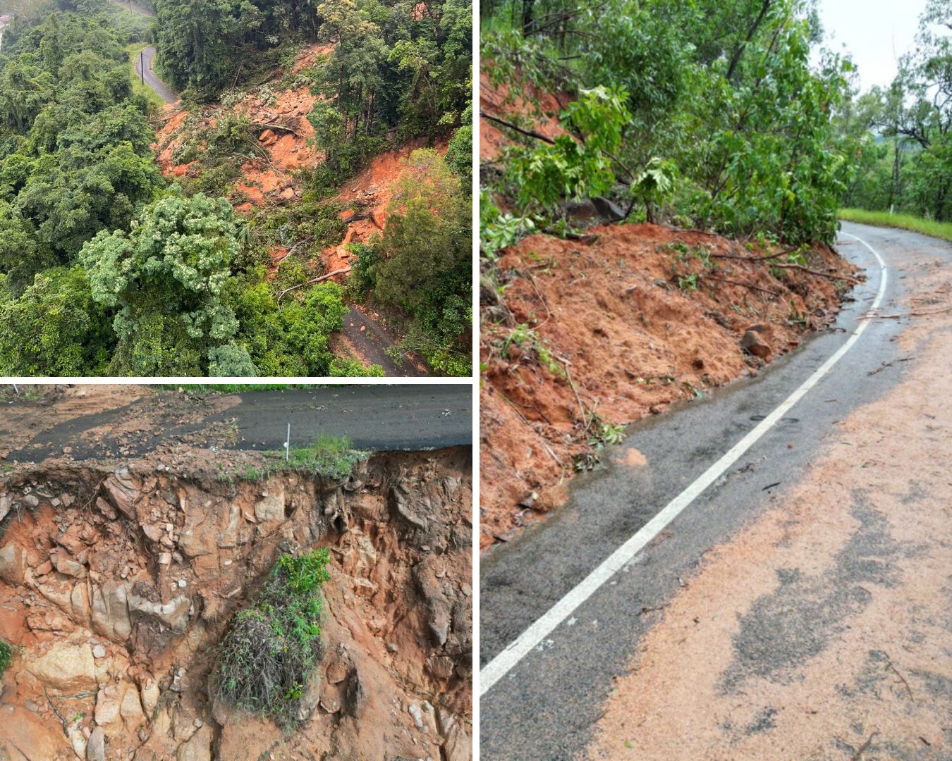 A collage shows mounds of red dirt slipping down a mountain, over parts of a road.
