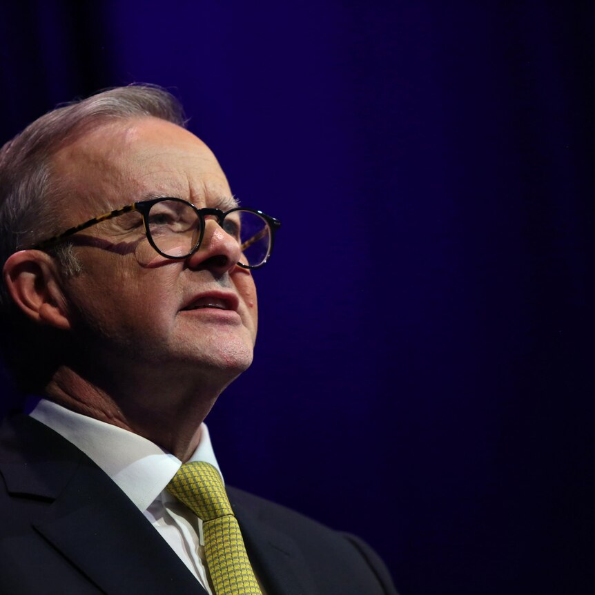 Anthony Albanese looks out to the audience, he wears a yellow tie with a suit