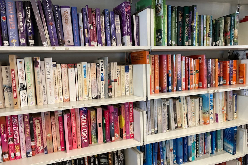 A series of op shop bookshelves, with books arranged by spine colour: a purple, white, green, orange and pink section