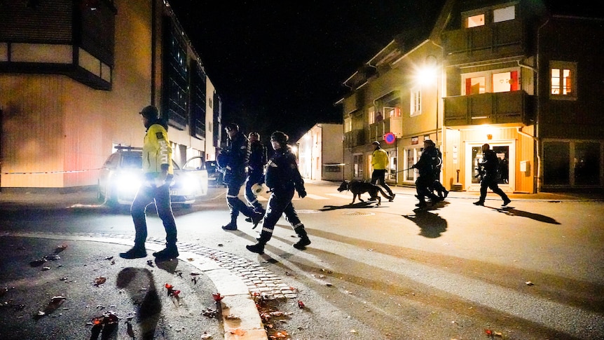 Backlit police officers and a dog walk across a street at night.