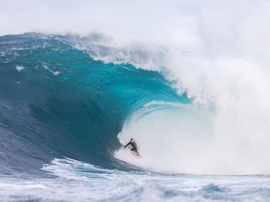 A surfer at the base of a large wave.