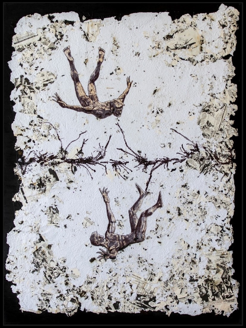 An ink and bleach painting of two falling figures.