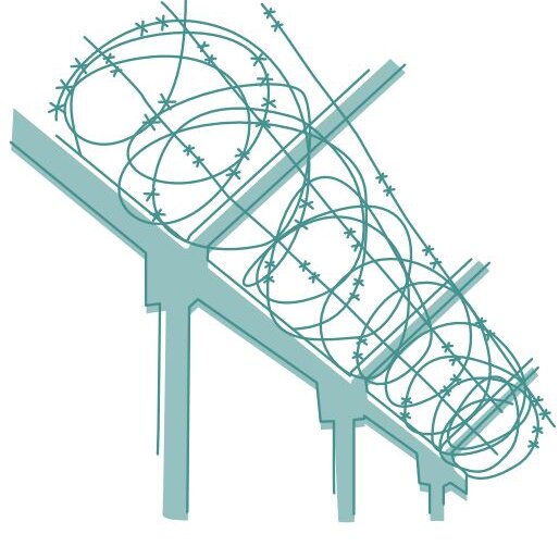 Illustration in green and white of barbed wire.