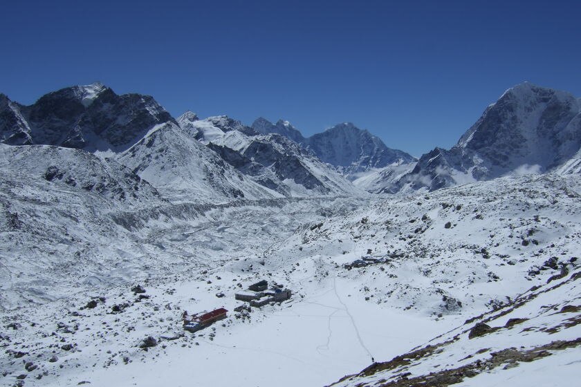 An elevated view of Gorak Shep, a plateau near the base camp of Mount Everest.