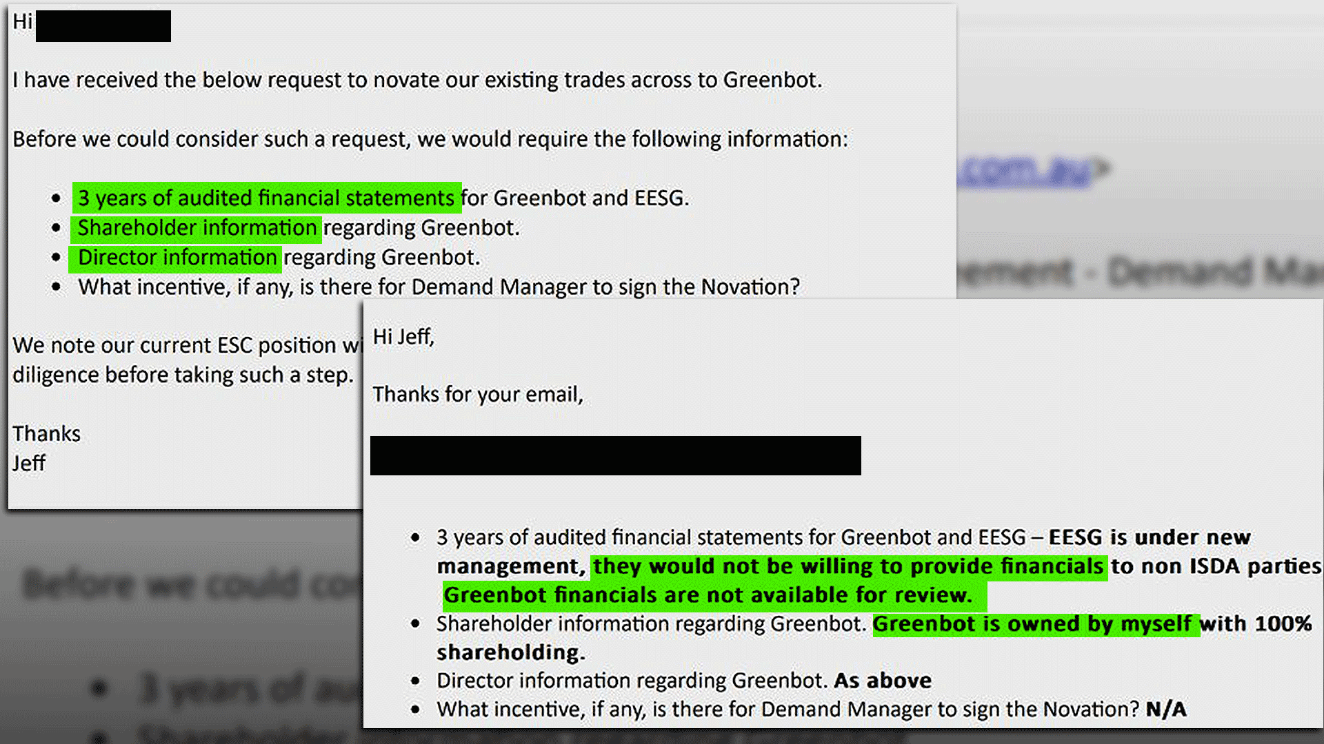 An email chain with highlighted sections
