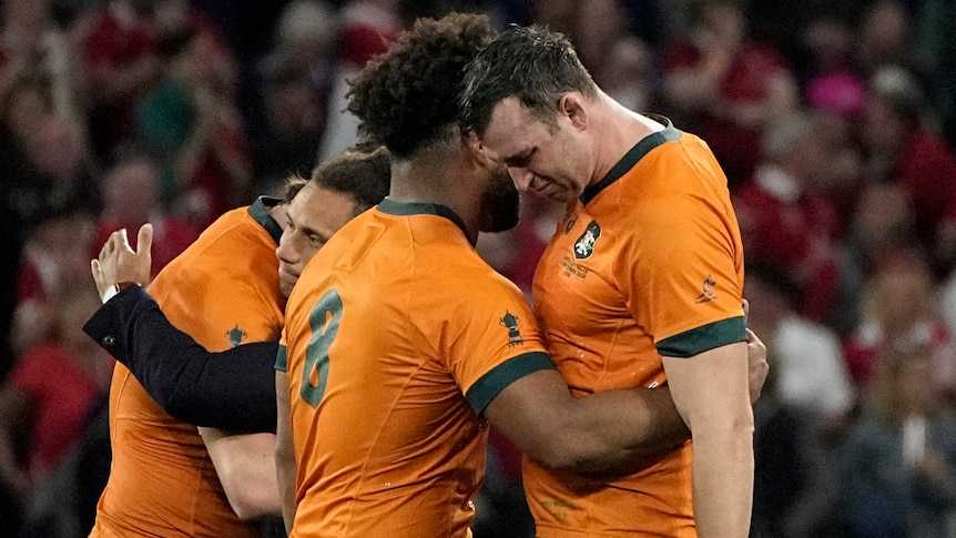Two Wallabies layer console each other after the loss to Wales.