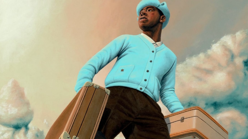 Illustration of African American male dressed in light blue sweater and hat, brown pants, holding two suitcases