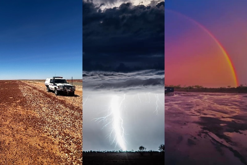 A collage of three images, a car on a hot dirt road, a lightning strike, and a rainbow.