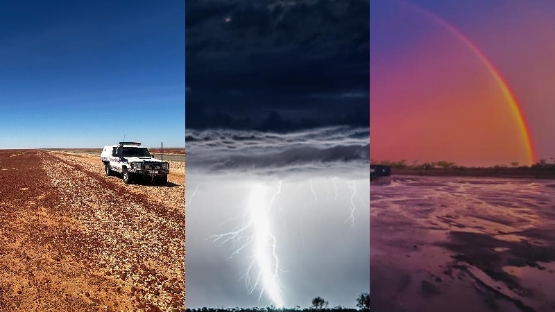 A three-panel image showing a car on a hot dirt road, a lightning strike, and a rainbow.