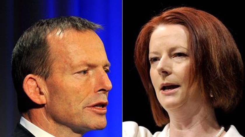 Opposition Leader Tony Abbott (left) and Prime Minister Julia Gillard (right)