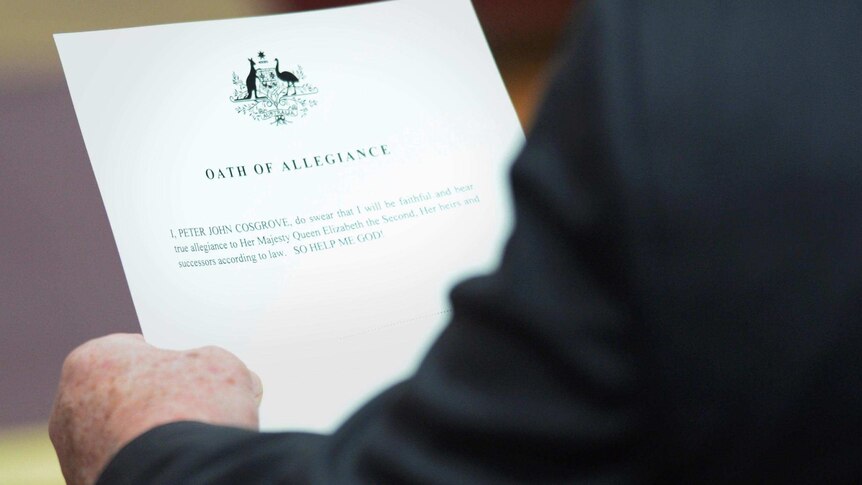 Governor-General Sir Peter Cosgrove reads the Oath of Allegiance during his swearing-in ceremony.