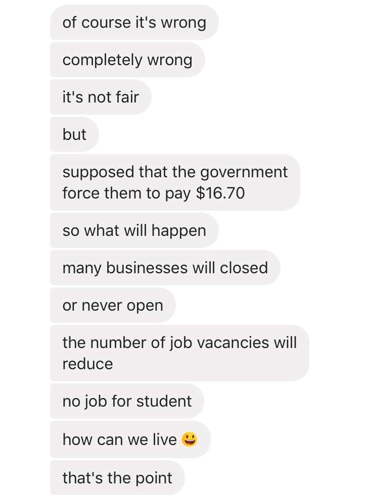 A Facebook conversation with an international student who says they do not expect to be paid award wage.