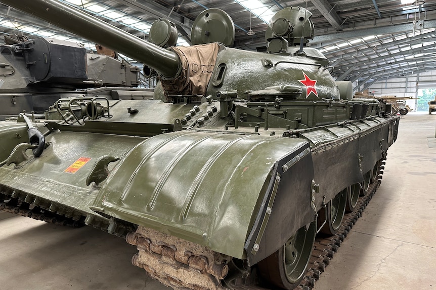 A Russian T-55 tank on display at a museum. 