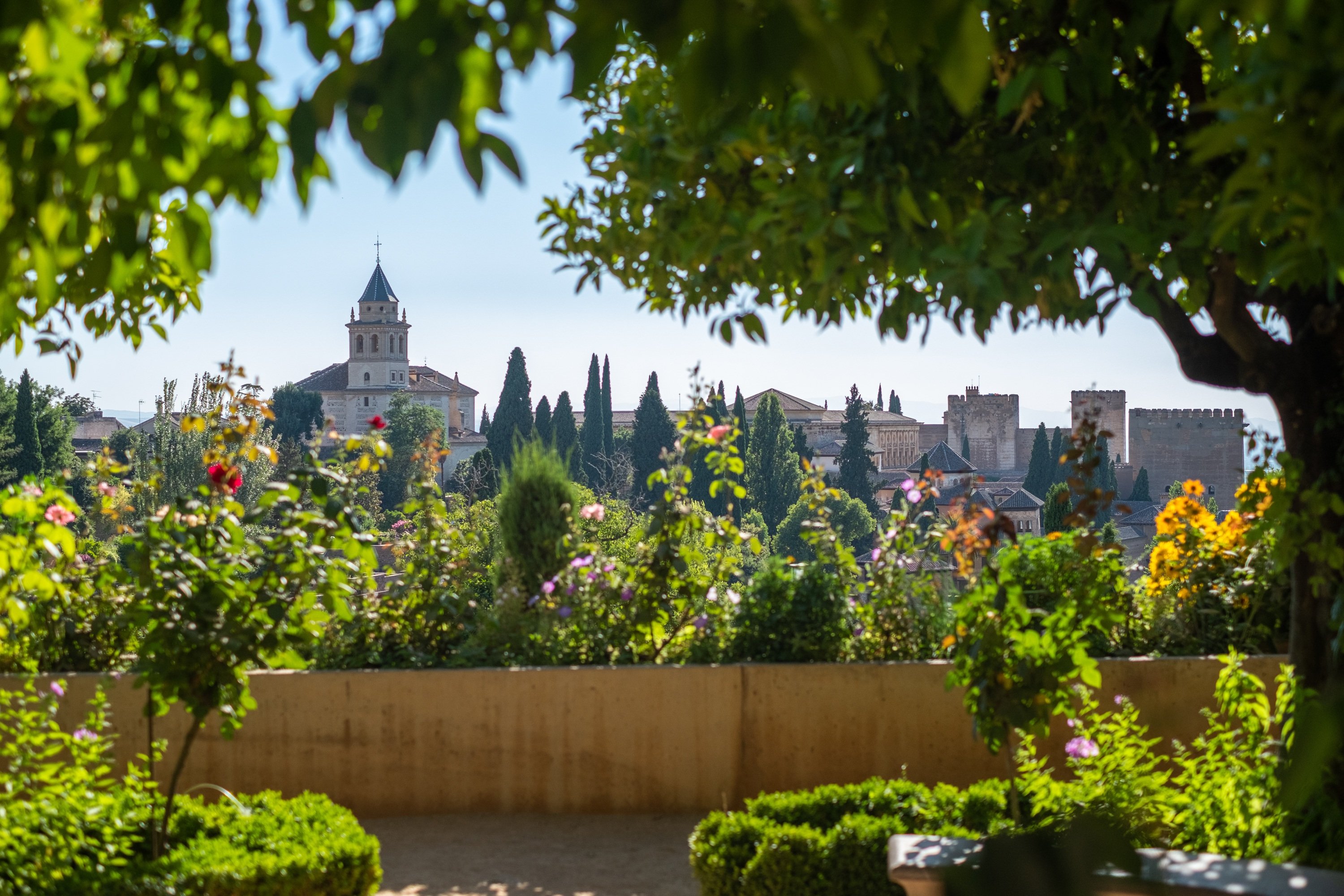 Sunlit gardens, where bright flowers and textured greenery frame a distant view of stone towers and a church spire