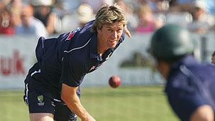 Glenn McGrath goes through his paces in the nets