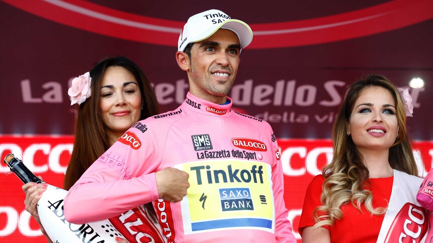 Alberto Contador of Team Tinkoff Saxo takes the pink jersey after stage five of the Giro d'Italia.