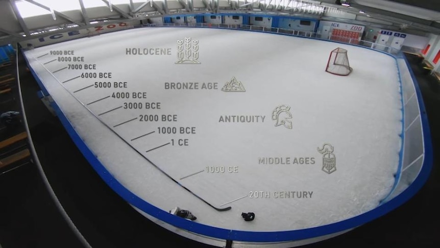 Ice hockey rink with text superimposed, text shows timeline 9000 BCE to 1 CE