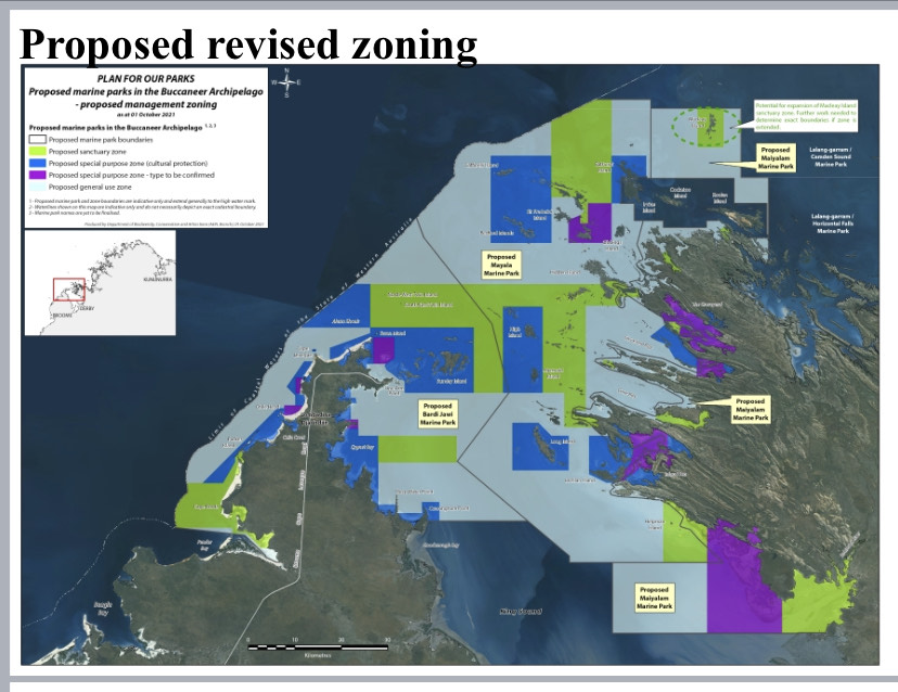 A map of the Buccaneer Archipelago showing new proposed zoning, split between green, blue and purple colouring