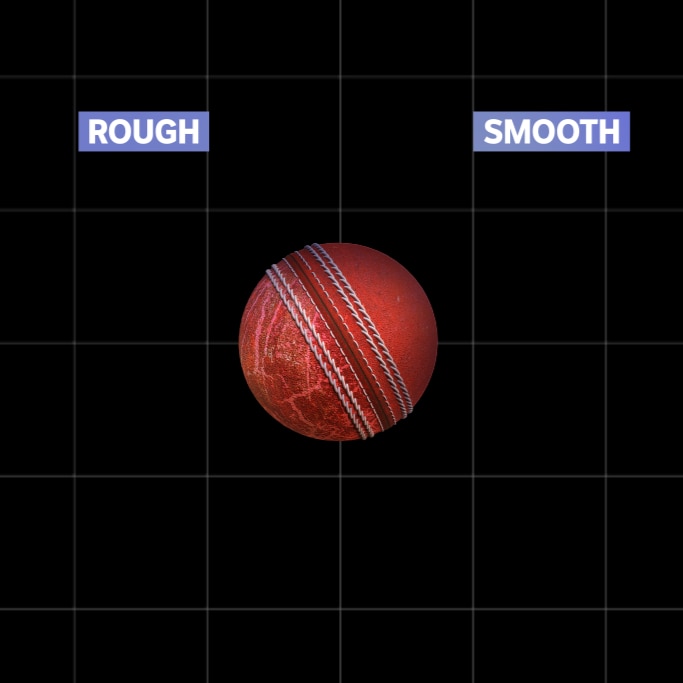 A cricket ball animation with the left half scratched up and the seam angled left.